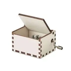 Boîte à musique de Noël en bois personnalisable BOXMAS ouverte avec mécanisme à manivelle et assemblage à créneaux