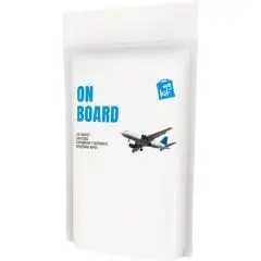Kit avion personnalisé en pochette papier blanche avec étiquette On Board illustrée d'un avion, vue de face