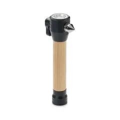 Marteau brise-vitre personnalisé 3 en 1 en bambou avec tête noire, pointe métallique et lampe LED