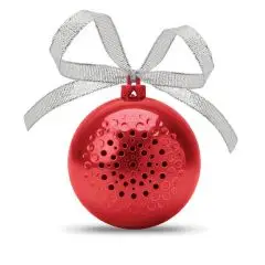 Haut-parleur de Noël sans fil personnalisable JINGLE BALL en forme de boule rouge à grille perforée avec nœud argenté