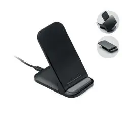 Chargeur sans fil pliable POWERFOLD noir en ABS déplié en support, avec câble USB-C et aperçus en position à plat