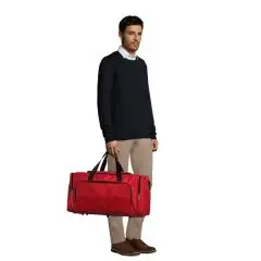 Sac de voyage publicitaire rouge en polyester 600D Week-End porté à la main, avec poches zippées noires