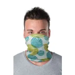 Écharpe multifonction personnalisée Mia à ourlets portée en couvre-visage, motif de feuilles bleues et vertes