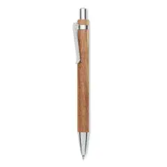 Stylo en bois d'acacia JAKARTA à poussoir avec clip et embouts chromés brillants, présenté à la verticale