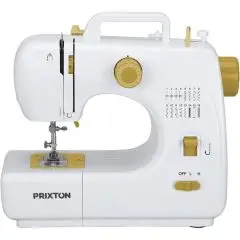 Machine à coudre Prixton P120 blanche et jaune personnalisée avec poignée de transport et molette des points