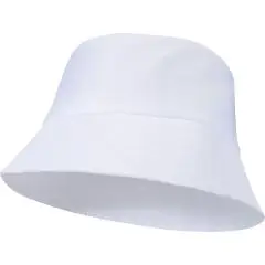 Bob personnalisé blanc en polyester 130 g/m² avec bord surpiqué, vu de trois quarts sur fond blanc