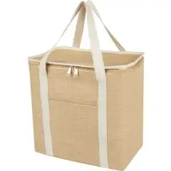 Sac isotherme personnalisable en jute 19 L avec anses écrues, fermeture zippée et poche frontale