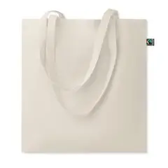 Sac coton personnalisé OSOLE beige naturel à longues anses avec étiquette commerce équitable sur le côté