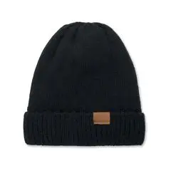 Bonnet doublé polaire personnalisé PUNTOS noir en maille côtelée, revers orné d'un patch en suédine marron