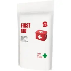 Kit de premiers secours personnalisable en pochette papier blanche avec étiquette First Aid rouge et croix verte