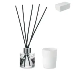 Diffuseur de parfum personnalisé KALOMA SET en verre avec bâtonnets noirs, bougie blanche et boîte de présentation