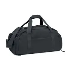 Sac de sport personnalisé ELEVA en nylon noir avec poignées fixes, bandoulière et poche frontale zippée vue de face
