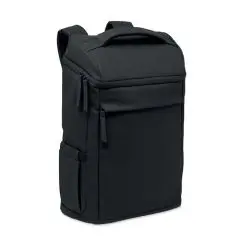 Sac à dos ordinateur personnalisable BOULDER noir en PU lisse avec poche avant zippée et poignée, vue de trois quarts