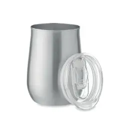 Mug inox personnalisé argent mat en acier recyclé, forme galbée et couvercle transparent coulissant à côté