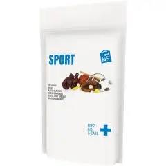 Kit premiers secours sport personnalisé en pochette papier blanche avec étiquette Sport et ballons, vue de face