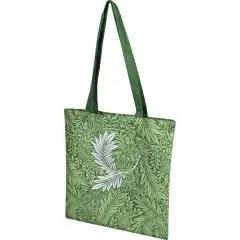 Tote bag personnalisé en polyester sublimé d'un feuillage vert avec plume blanche et anses vert foncé