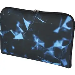 Housse ordinateur personnalisée Mari noire sublimée d'un motif géométrique bleu avec fermeture zippée