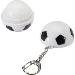 Baume à lèvres personnalisable ballon de football blanc à pentagones noirs, ouvert et avec chaînette porte-clés