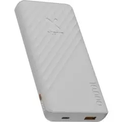 Batterie externe personnalisée Xtorm Go2 blanche à rainures diagonales avec ports USB-C et USB-A et bouton orange