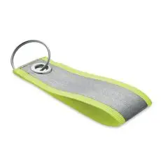 Porte-clés réfléchissant personnalisé en polyester jaune fluo avec bande argentée et anneau métallique