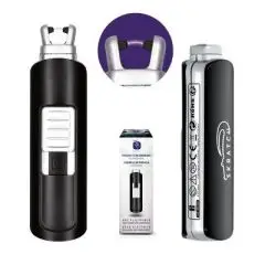 Briquet électronique personnalisable sans flamme noir avec détail arc plasma et rechargement USB fabrication française
