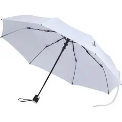 Parapluie pliable publicitaire blanc ouvert avec toile RPET, baleines noires et poignée gainée à dragonne