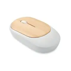 Souris sans fil personnalisée blanche en ABS recyclé avec dessus en bambou naturel et molette blanche, vue de biais