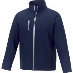 Veste softshell recyclée homme Orion bleu marine vue de face avec col montant et zip central à ruban clair