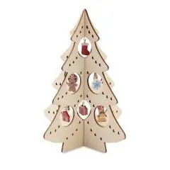 Sapin de Noël en contreplaqué naturel personnalisable à monter avec mini ornements suspendus dans ses découpes