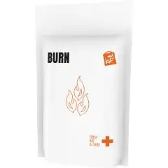 Kit brûlure personnalisé MiniKit en pochette papier blanche imprimée BURN, flammes et croix orange