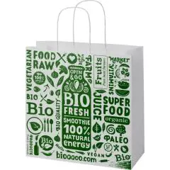 Sac kraft publicitaire blanc carré avec poignées torsadées et motif typographique imprimé en vert