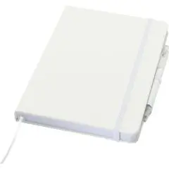 Set cahier et stylo publicitaire Spectrum blanc avec élastique, ruban marque-page et passe-stylo