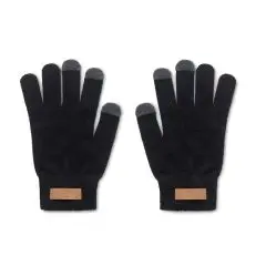 Gants tactiles personnalisés noirs en RPET avec bouts de doigts gris conducteurs et étiquette en liège au poignet