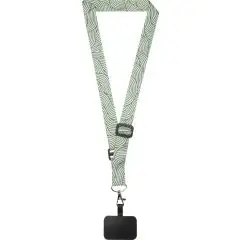 Lanyard téléphone recyclé LYRA en RPET imprimé d'un motif vert ondulé, avec boucle et attache noires