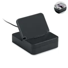 Enceinte sans fil personnalisée CHARGEBEAT noire avec support incliné pour smartphone et chargeur induction intégré