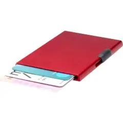Porte-carte RFID personnalisé SMART à coque rouge, cartes glissées en escalier et détail noir sur la tranche