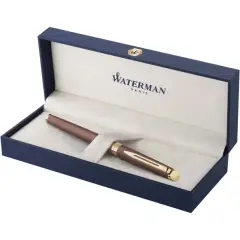 Stylo de luxe personnalisé Waterman Hemisphere marron écrin cadeau prestige bleu marine molletonné ivoire objet publicitaire haut gamme