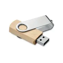 Clé USB bambou personnalisée 16 Go à corps en bois clair et capot pivotant en métal argenté ouvert sur le connecteur