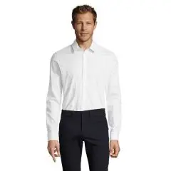 Chemise slim homme personnalisée blanche en popeline stretch à manches longues portée de face avec col moderne
