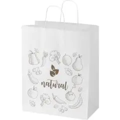 Sac shopping kraft blanc à poignées torsadées illustré de fruits et légumes gris autour d'un logo naturel