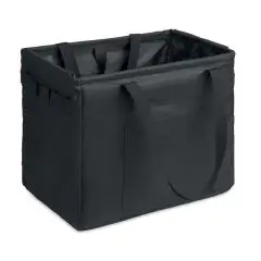 Panier pliable personnalisé noir en RPET 600D ouvert, avec anses, poignées latérales et bords renforcés