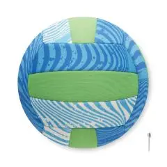 Ballon de plage personnalisable en néoprène avec motif rayures bleues dégradées et bandes vertes anis, aiguille de gonflage métallique incluse