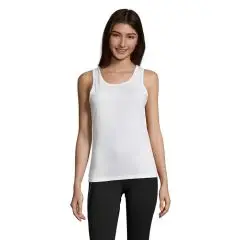 Débardeur sport femme personnalisable blanc en mesh polyester à dos nageur porté de face avec un pantalon noir