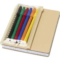 Cahier personnalisé avec marqueurs Squiggle B6, couverture kraft, spirale et pochette zippée avec six feutres