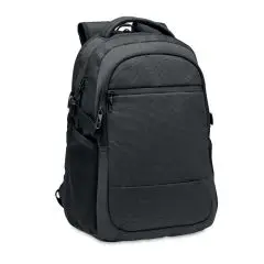 Sac à dos ordinateur publicitaire noir en RPET 600D avec trois compartiments zippés, sangles latérales et poche filet