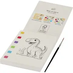 Livre de coloriage personnalisable Quell ouvert avec dinosaure, six pigments et pinceau à eau