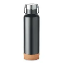 Bouteille isotherme personnalisée noire 500 ml en inox double paroi avec bouchon à anse et base en liège