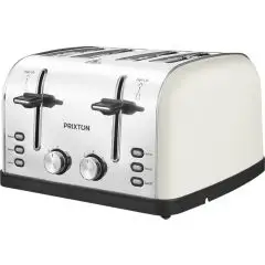 Grille-pain personnalisé Prixton Bianca 4 fentes blanc crème à façade en métal brossé et molettes chromées