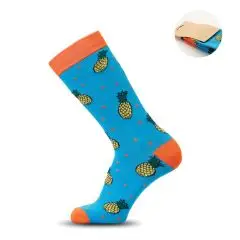 Chaussettes fantaisie personnalisable bleu turquoise motif ananas, bord, talon et pointe orange