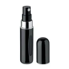 Vaporisateur de parfum personnalisé noir brillant en aluminium avec bague argentée et capuchon posé à côté